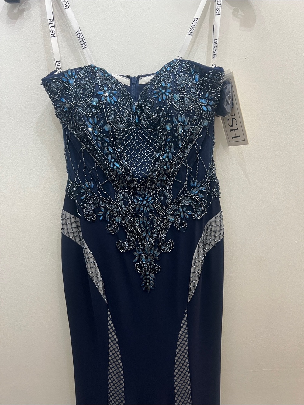 Blush Strapless Navy Beaded Mermaid Gown - Picture 5 of 9